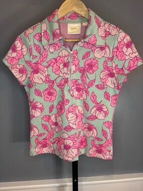 Maeve Anthropologie Floral Jaquard Top Pink Green Short Sleeve Small